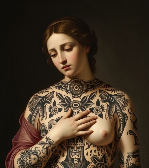 Figura femminile in stile pittorico con tatuaggi tradizionali sul busto